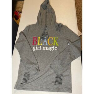 Womens Grey Distressed "Black Girl Magic" Hoodie Size S